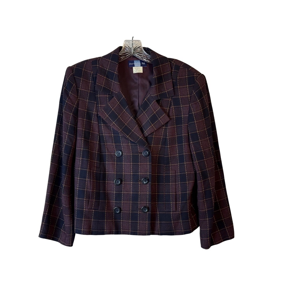 Pursuits Ltd Double Breasted Plaid Blazer Jacket Womens Size 10 Purpe Black Wool